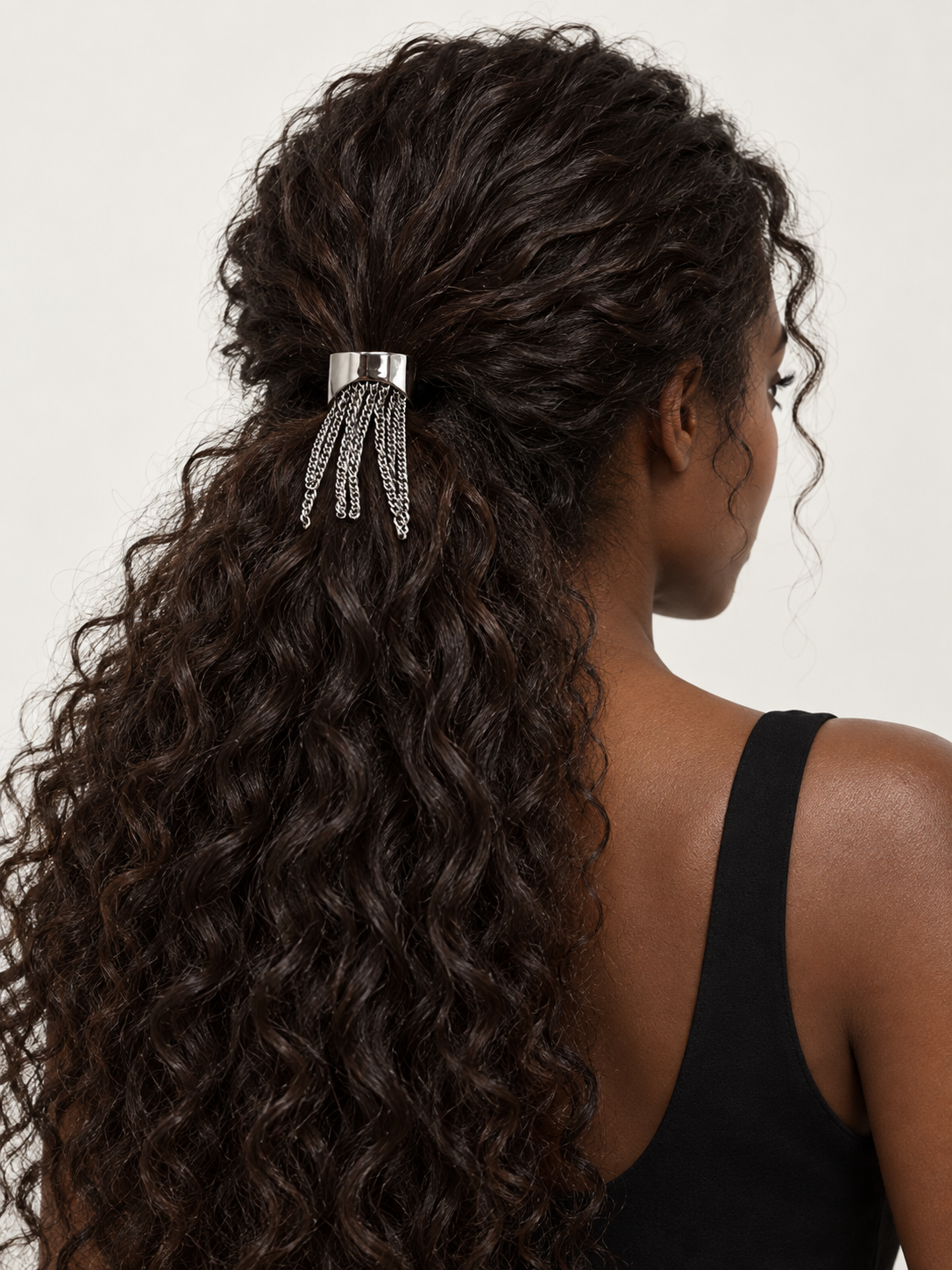 Silver Cascade Pony Cuff worn in a ponytail