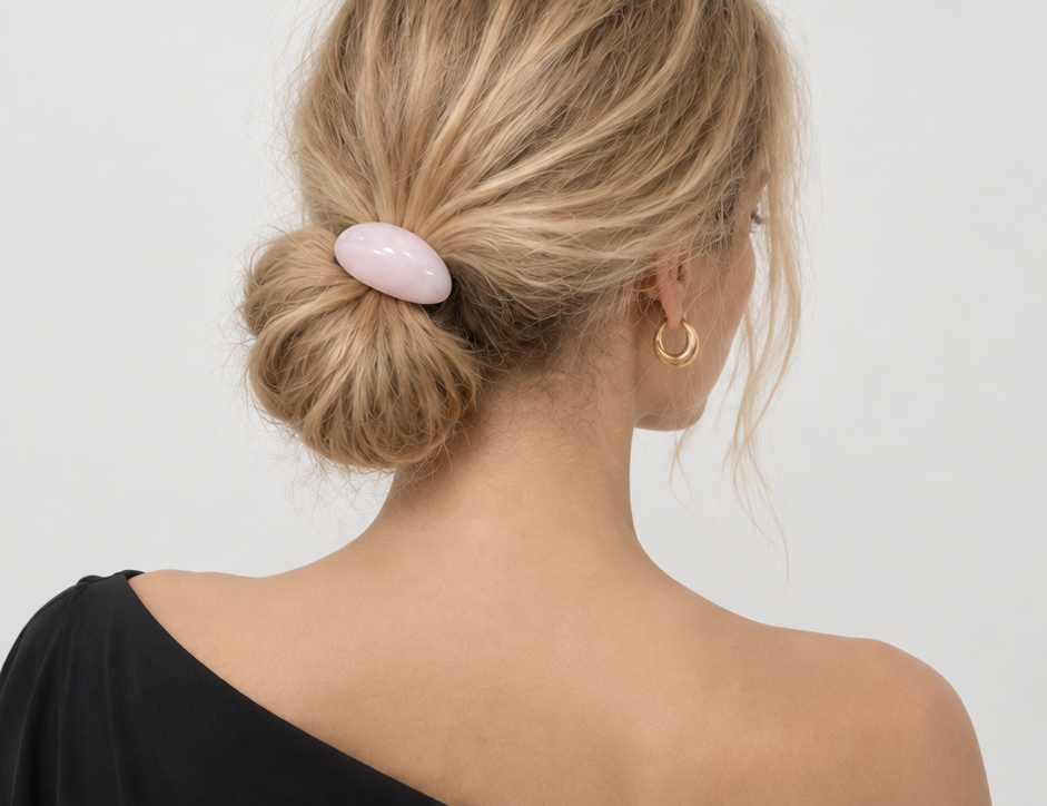 Cove Marbled Resin Pony Cuff worn in hair 4