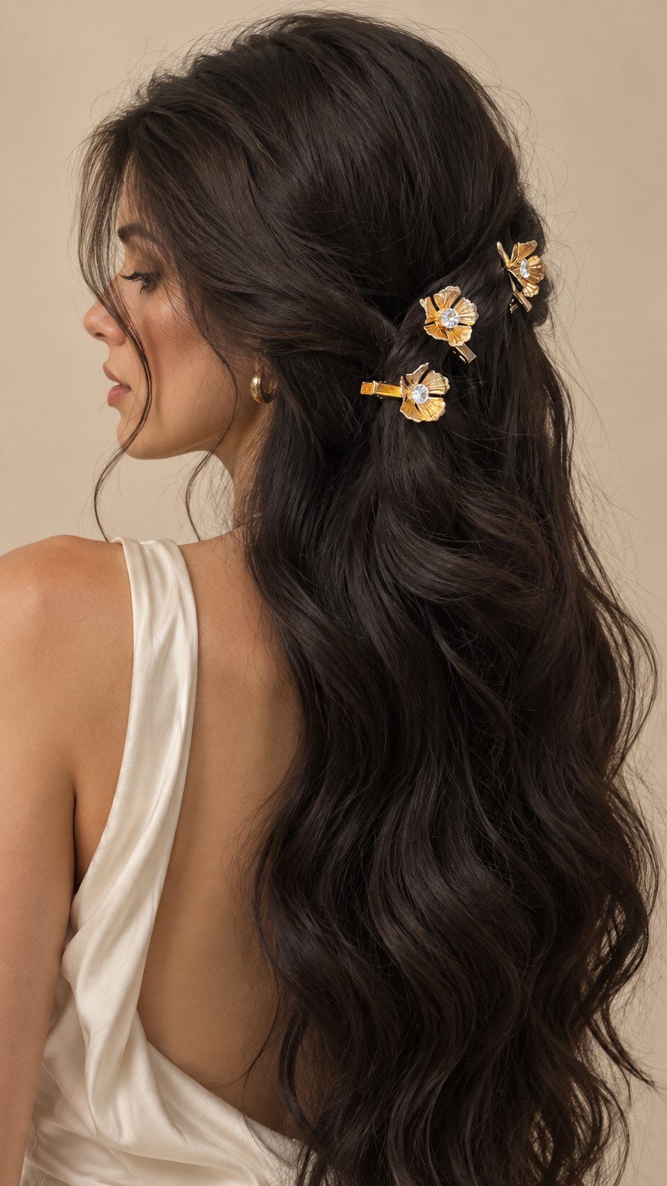 Camellia Crystal Flower Barrette Set worn in hair 1
