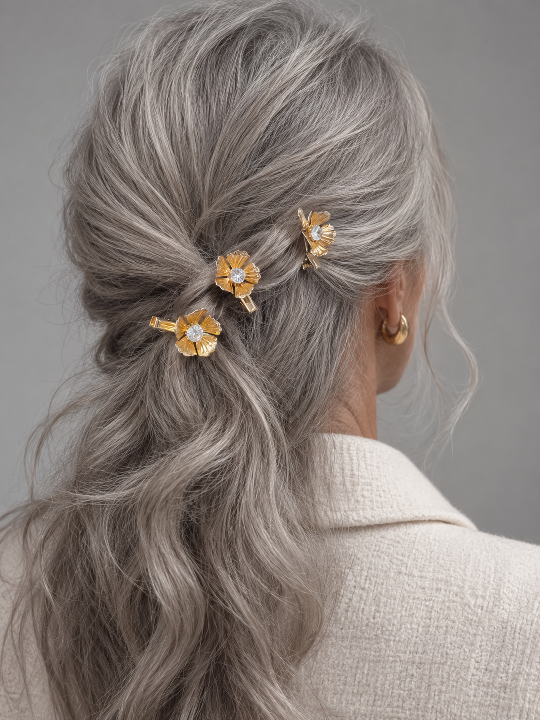 Camellia Crystal Flower Barrette Set worn in hair 2