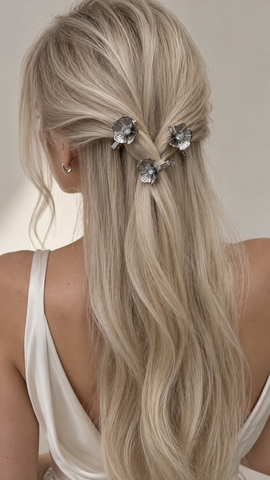 Camellia Crystal Flower Barrette Set worn in hair 3