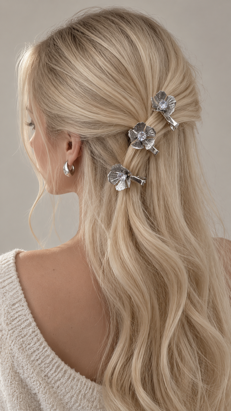 Camellia Crystal Flower Barrette Set worn in hair 4