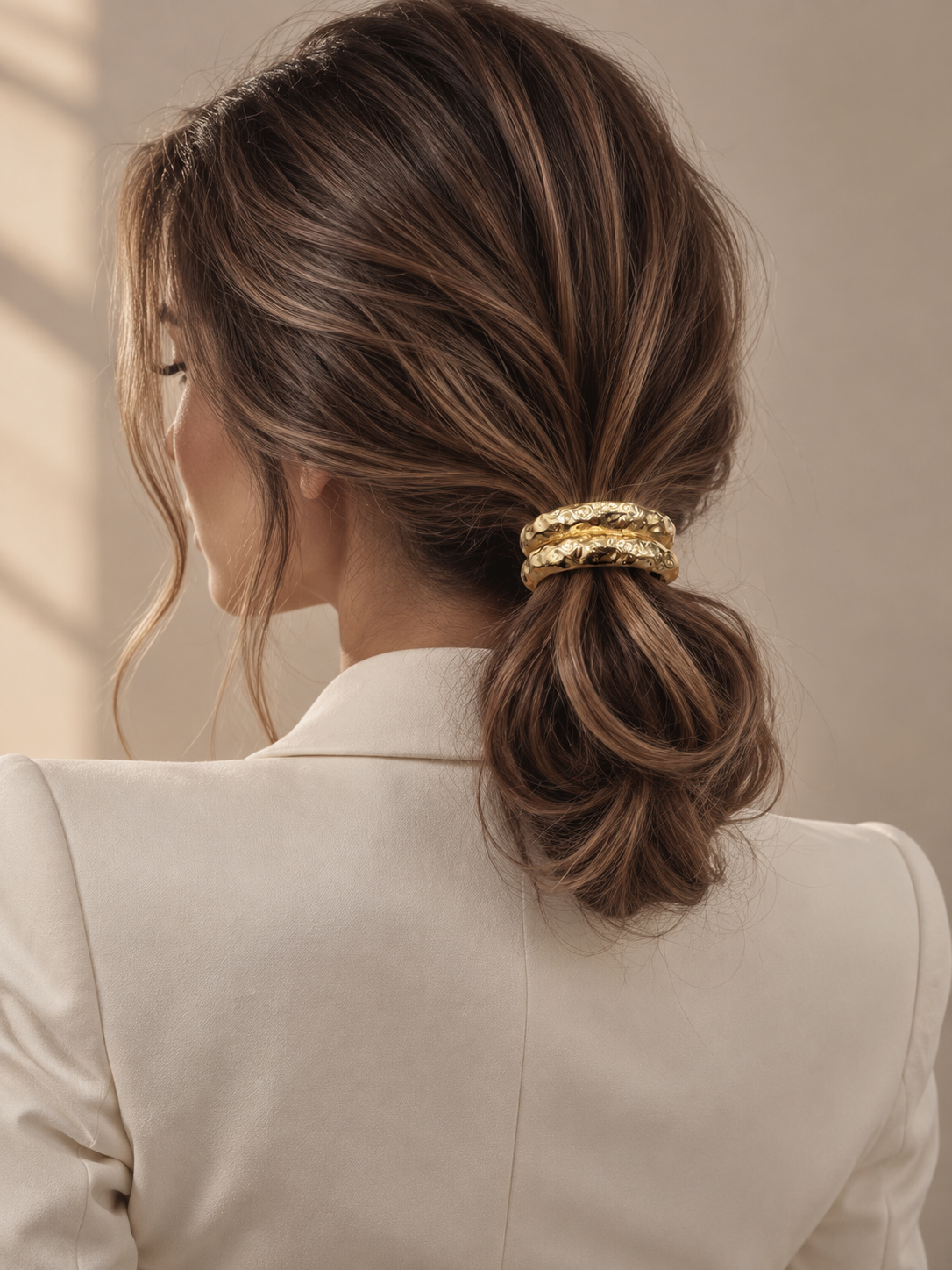 Echo Hammered Double-Band Pony Cuff worn in hair 1