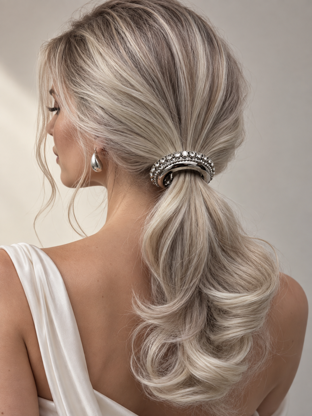 Glint Crystal Crescent Pony Cuff worn in hair 2