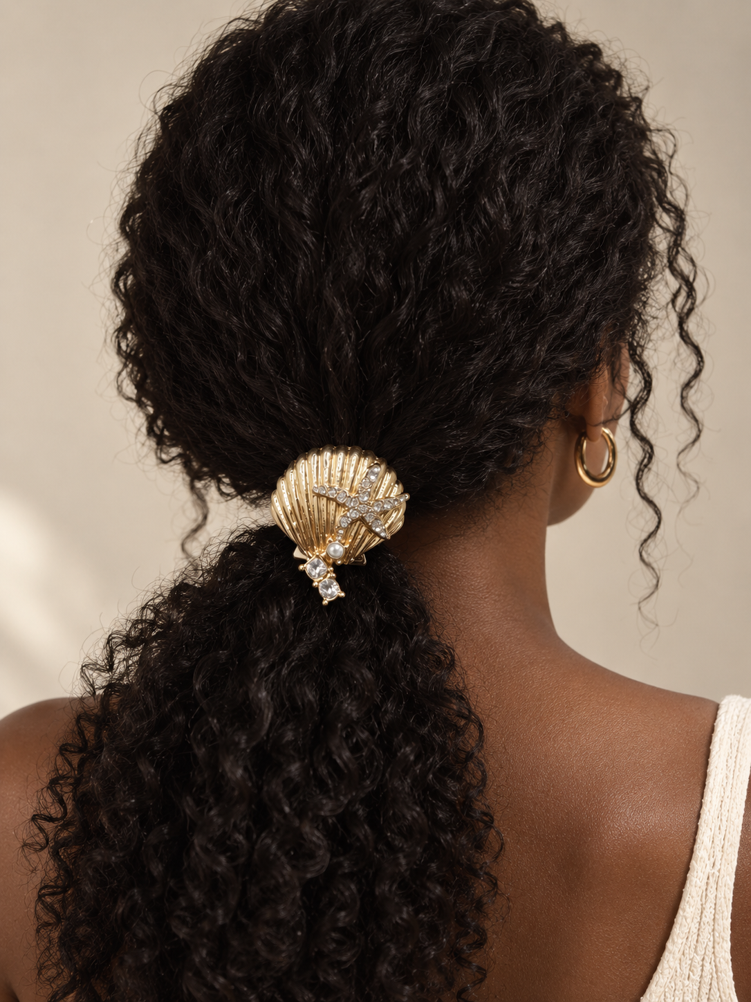 Marina Shell & Starfish Crystal Pony Cuff worn in hair 1