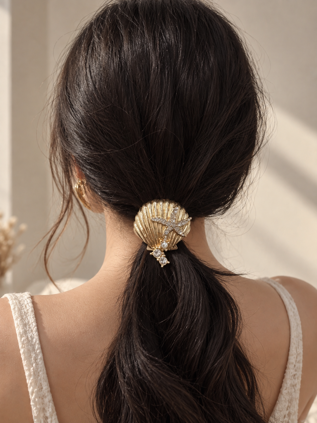 Marina Shell & Starfish Crystal Pony Cuff worn in hair 2