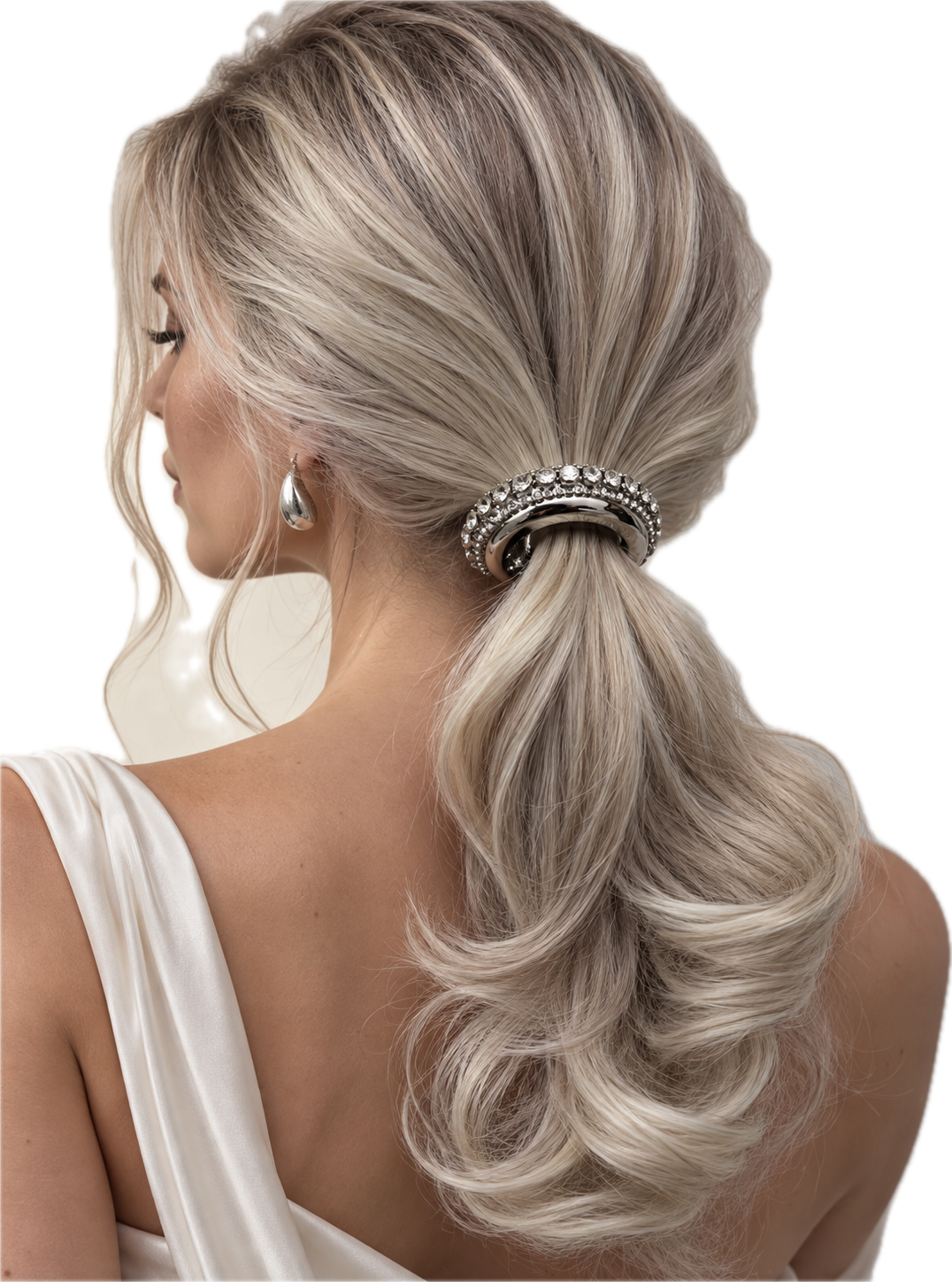 Blonde model wearing a silver crystal pony cuff
